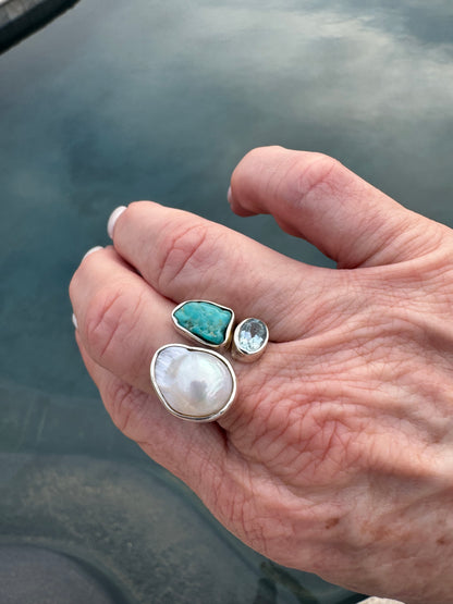 Pearl/stone/silver adjustable rings