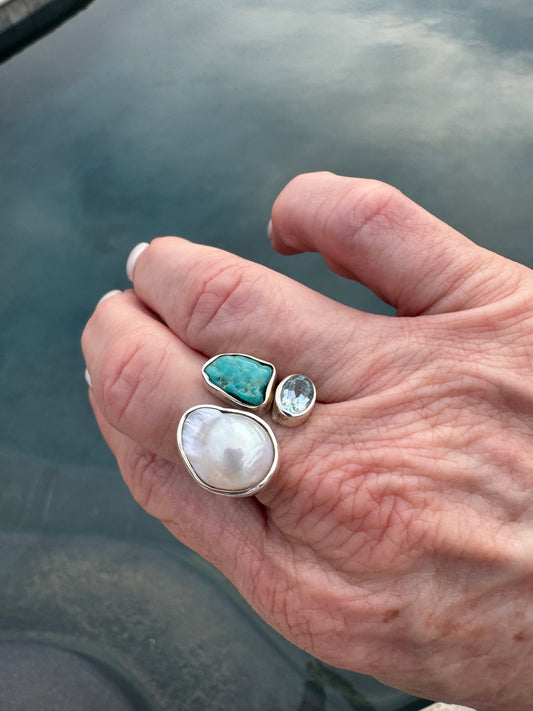 Pearl/stone/silver adjustable rings