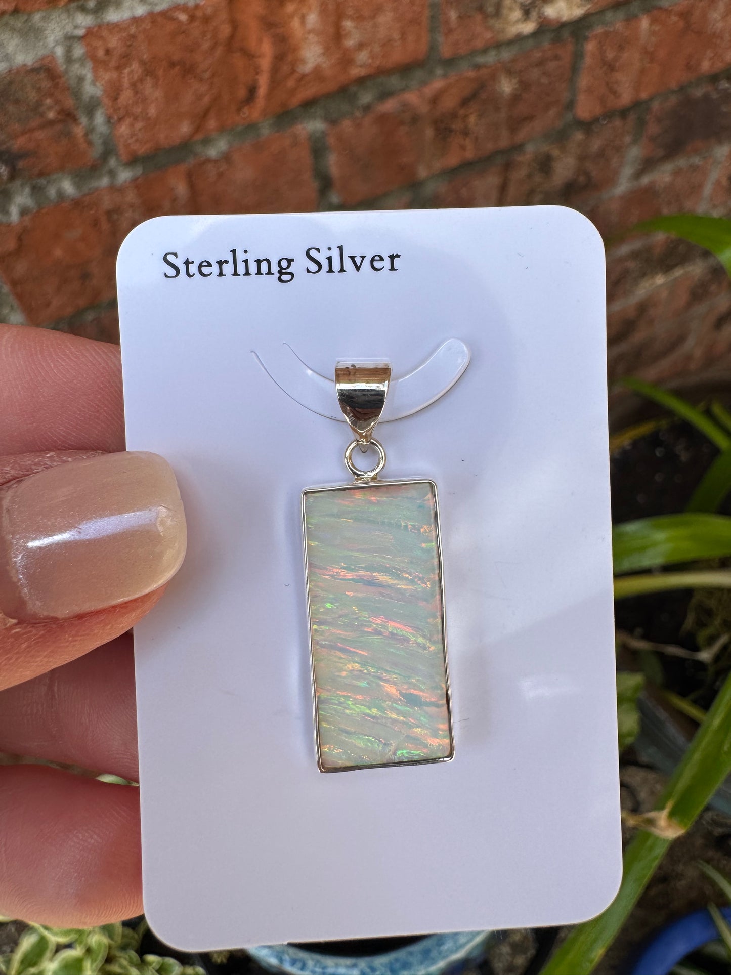 Rectangular lab opal pendant necklace