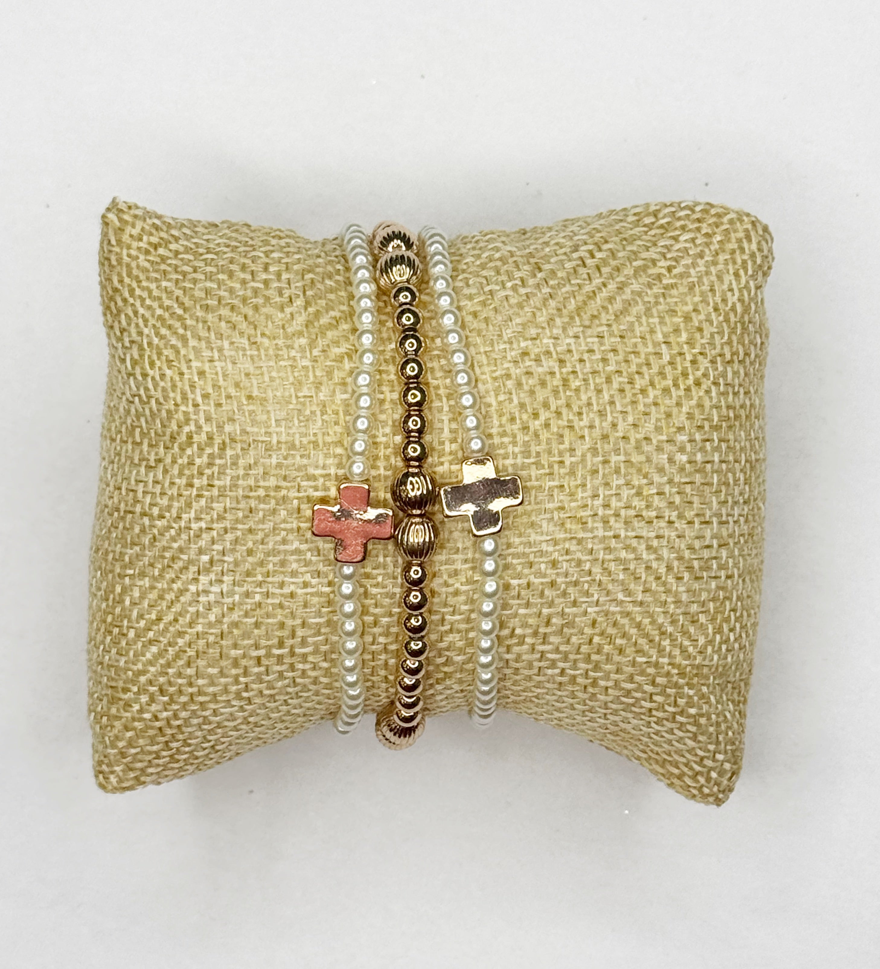 Set of 3 pearl cross bracelets