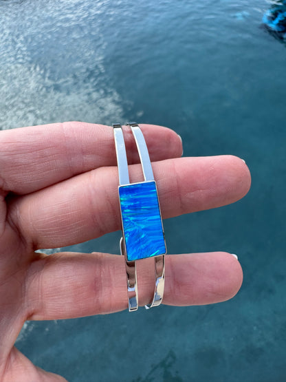 Sterling Silver rectangular lab opal cuff bracelet