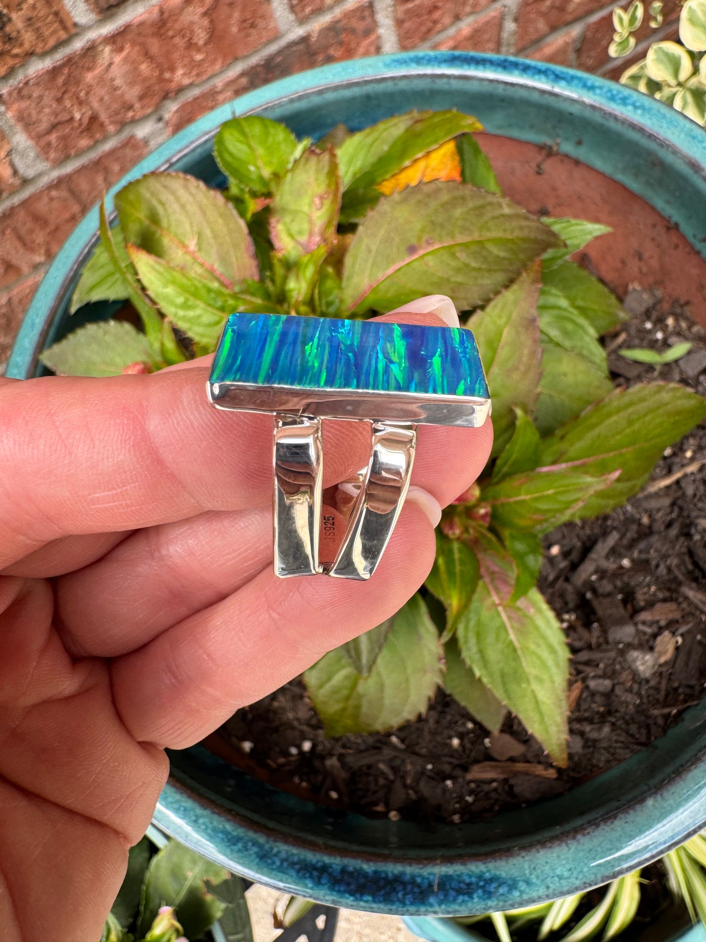 Sterling silver rectangular lab opal ring