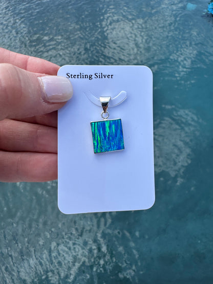 Square lab opal pendant necklace