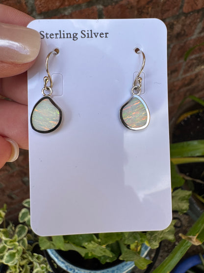 Asymmetrical teardrop lab opal earrings