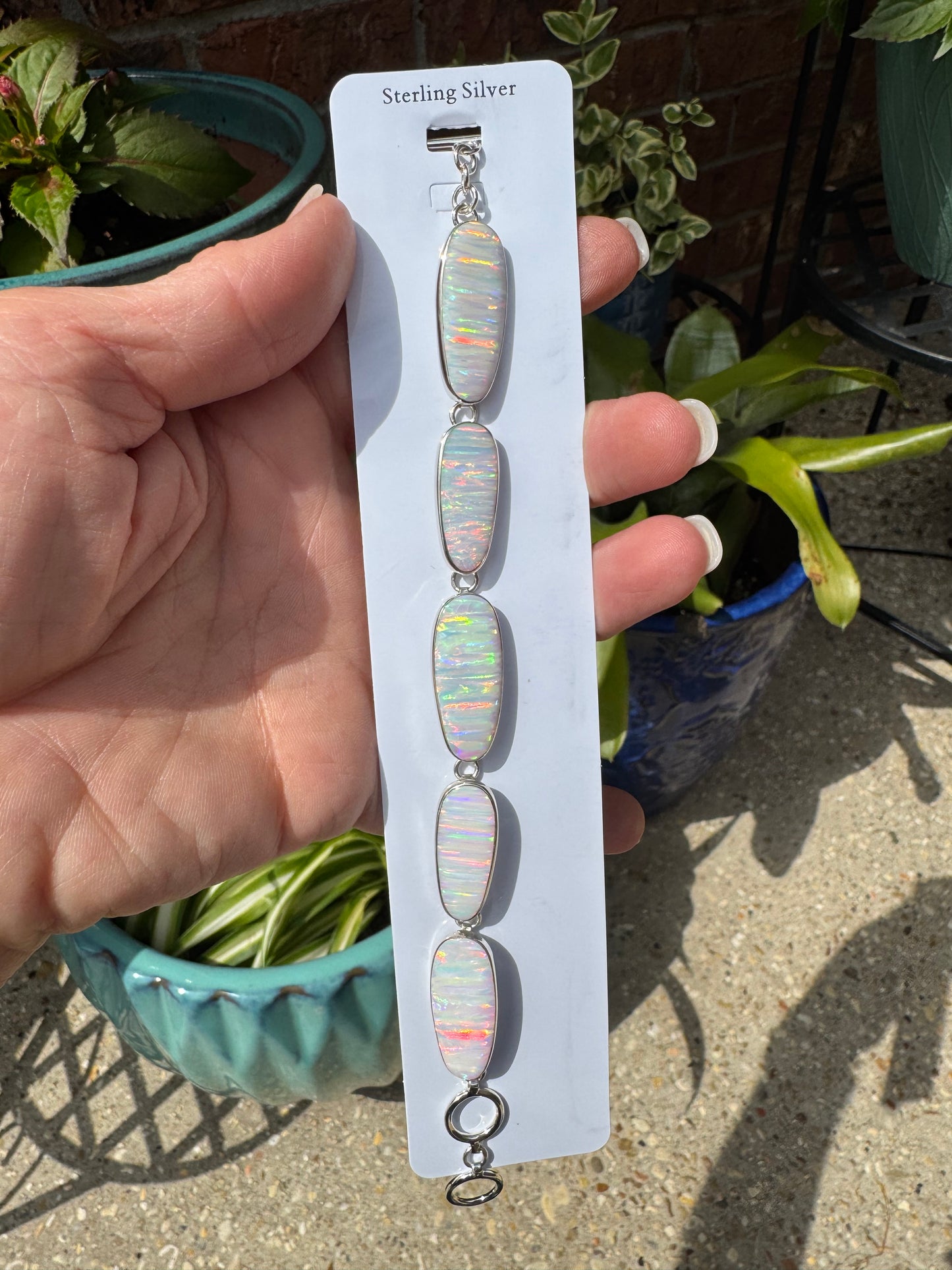 Sterling silver 5 oval stone lab opal bracelet