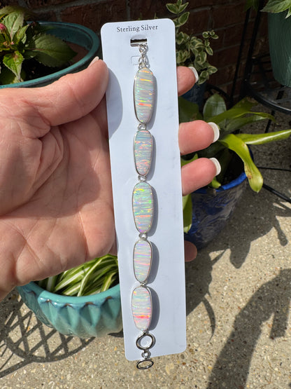 Sterling silver 5 oval stone lab opal bracelet