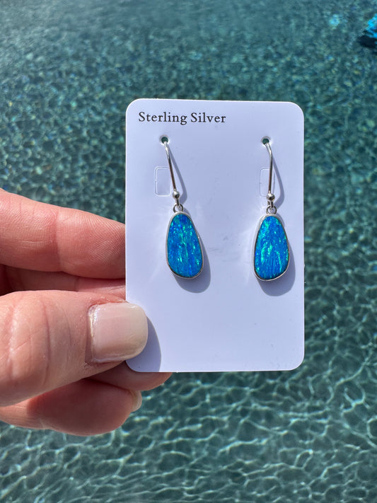 Oval asymmetrical lab opal earrings