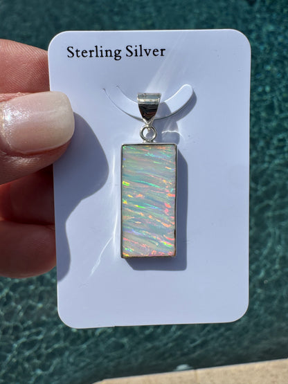 Rectangular lab opal pendant necklace