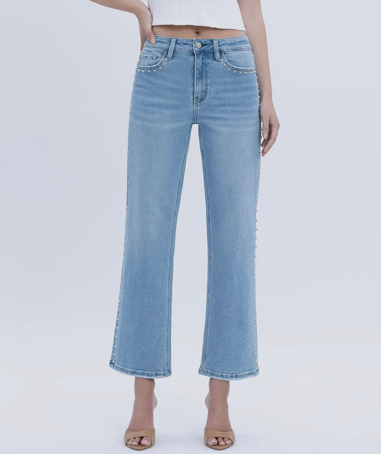 The Lila Studded Slim Wide Jeans