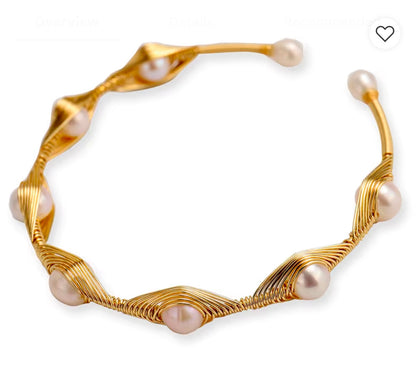 Gold wire wrapped 7 pearl bangle