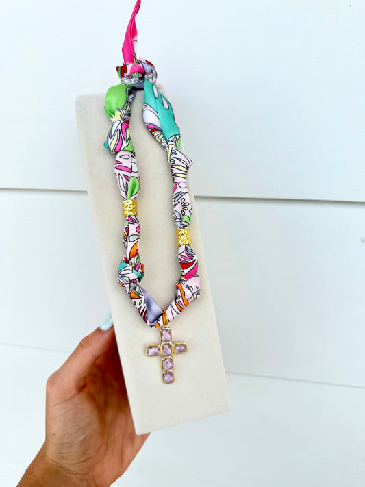 Scarf Necklace Stoned Cross