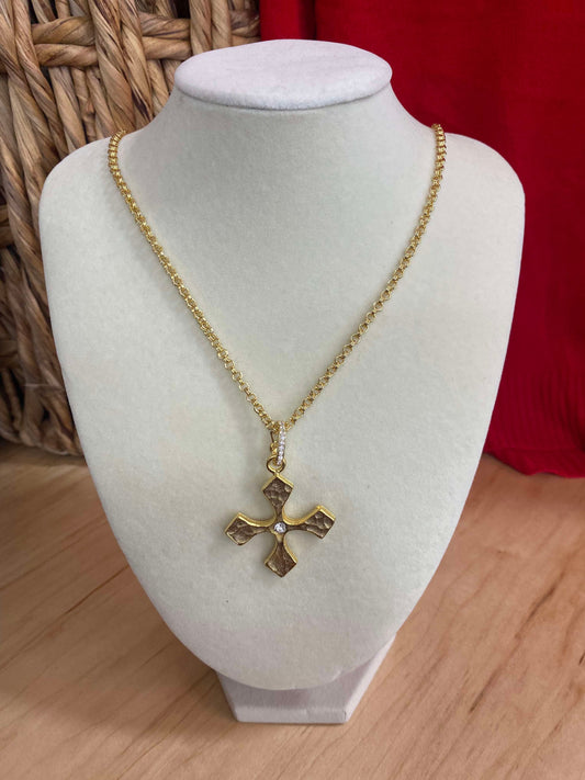WD Hammered Cross Necklace with CZ Accents on 32” Chain