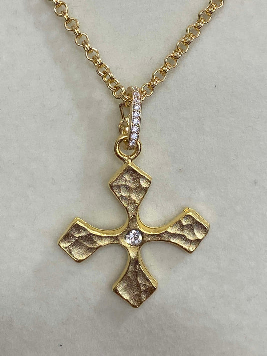 WD Hammered Cross Necklace with CZ Accents on 32” Chain