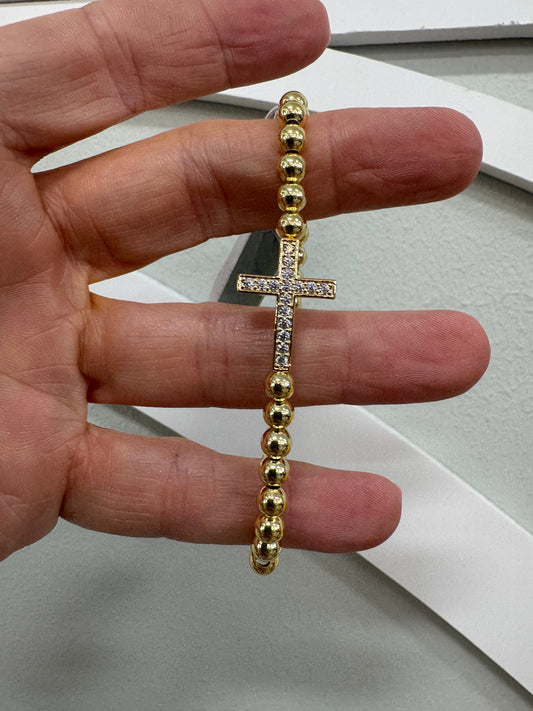 14K CZ cross stretch bracelet