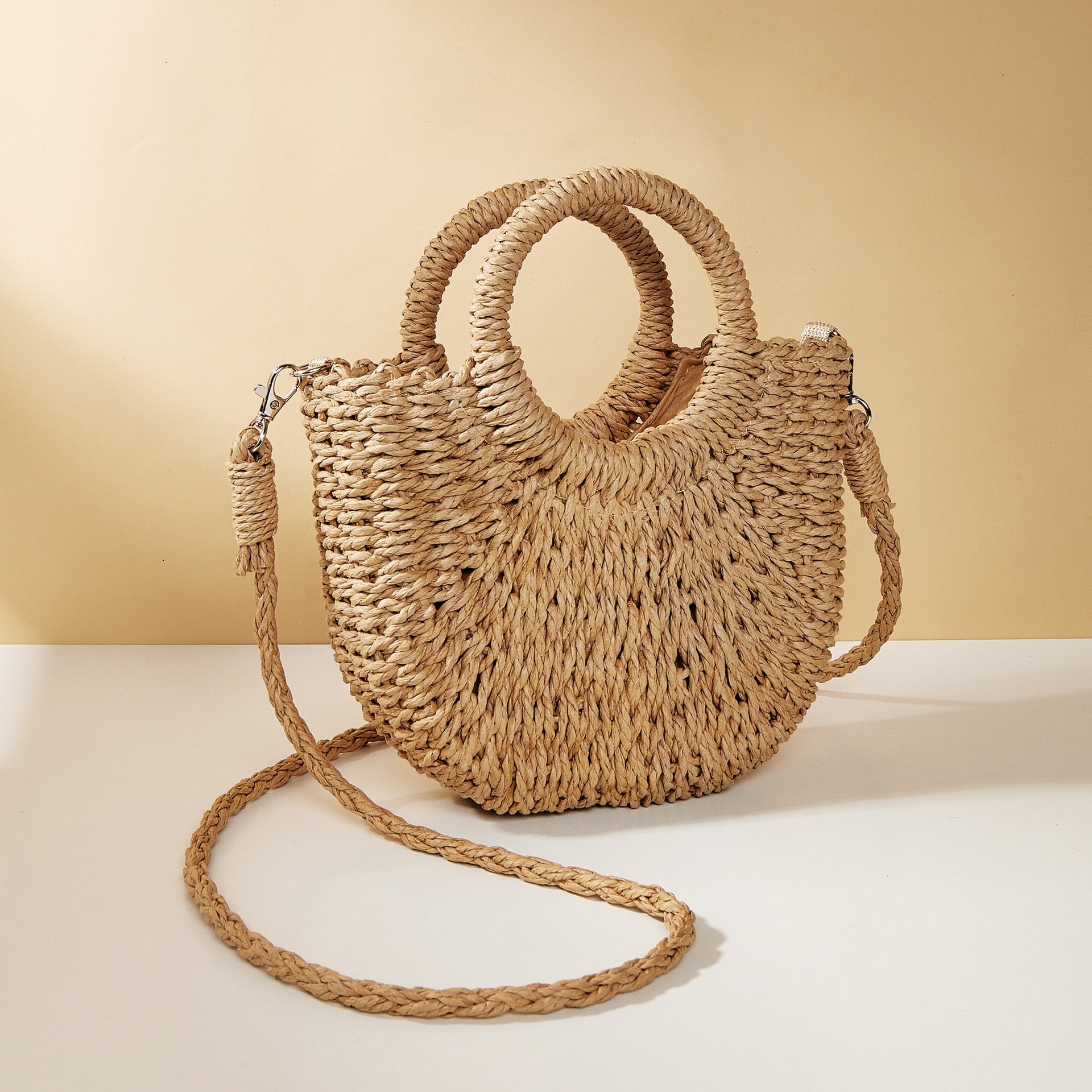 Straw woven bag with handles & strap
