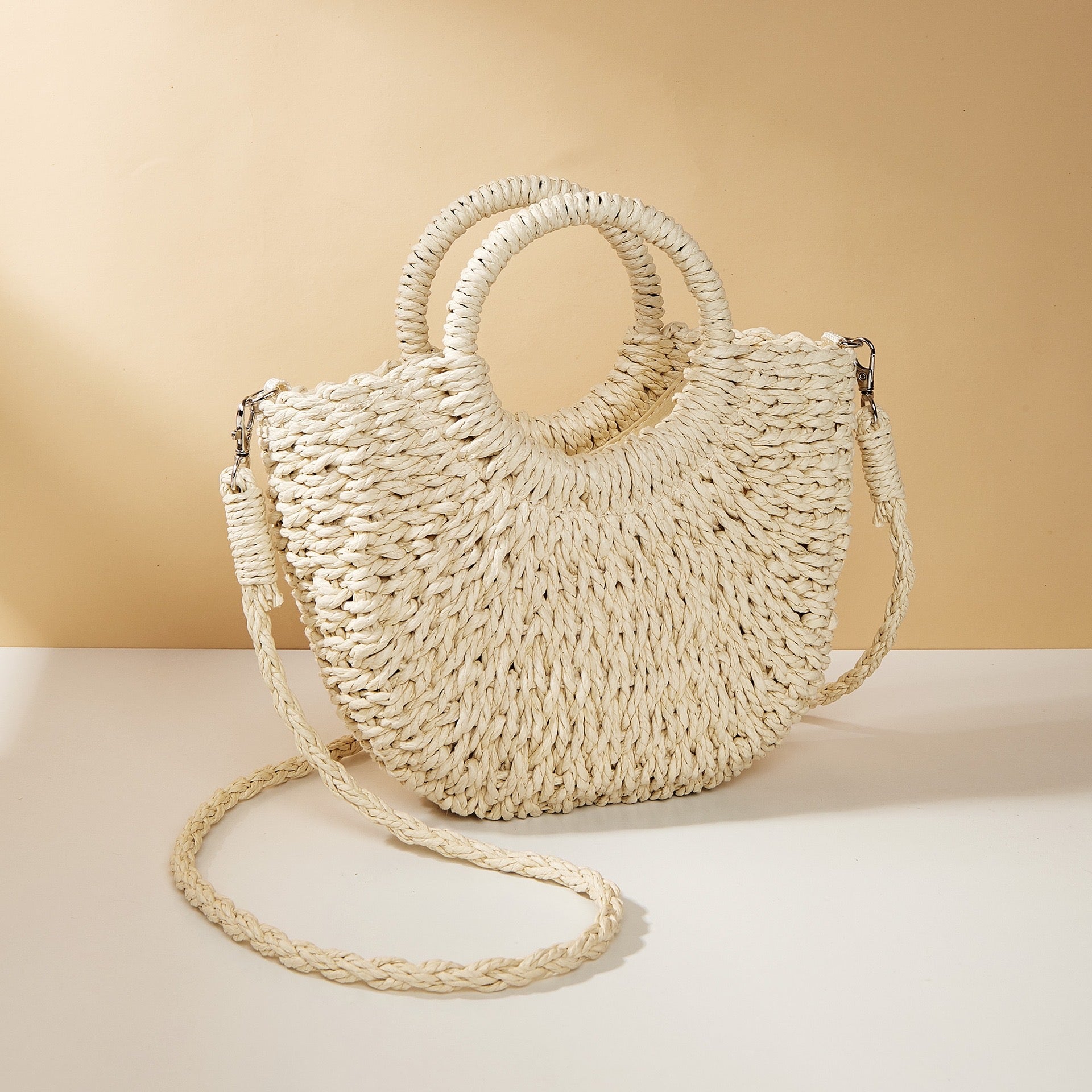 Straw woven bag with handles & strap