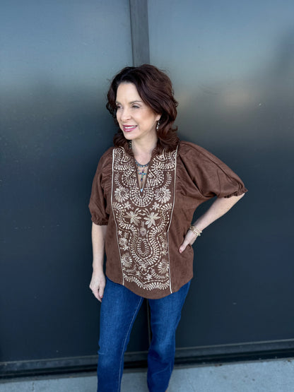 The Sedona Embroidered Peasant Top 🤎