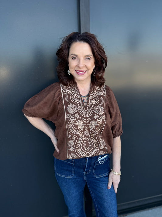 The Sedona Embroidered Peasant Top 🤎