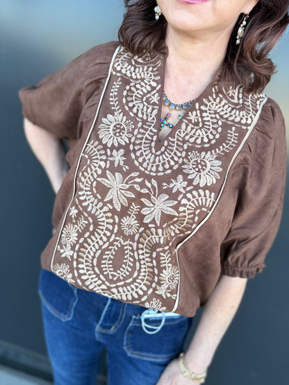 The Sedona Embroidered Peasant Top 🤎