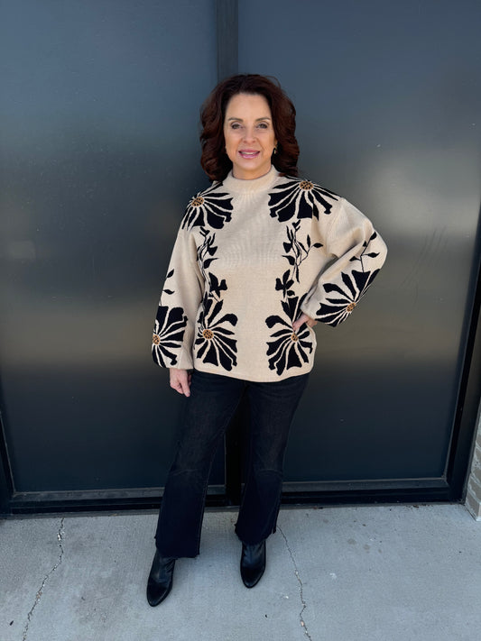 Floral Knit Mock Neck Sweater Top ✨