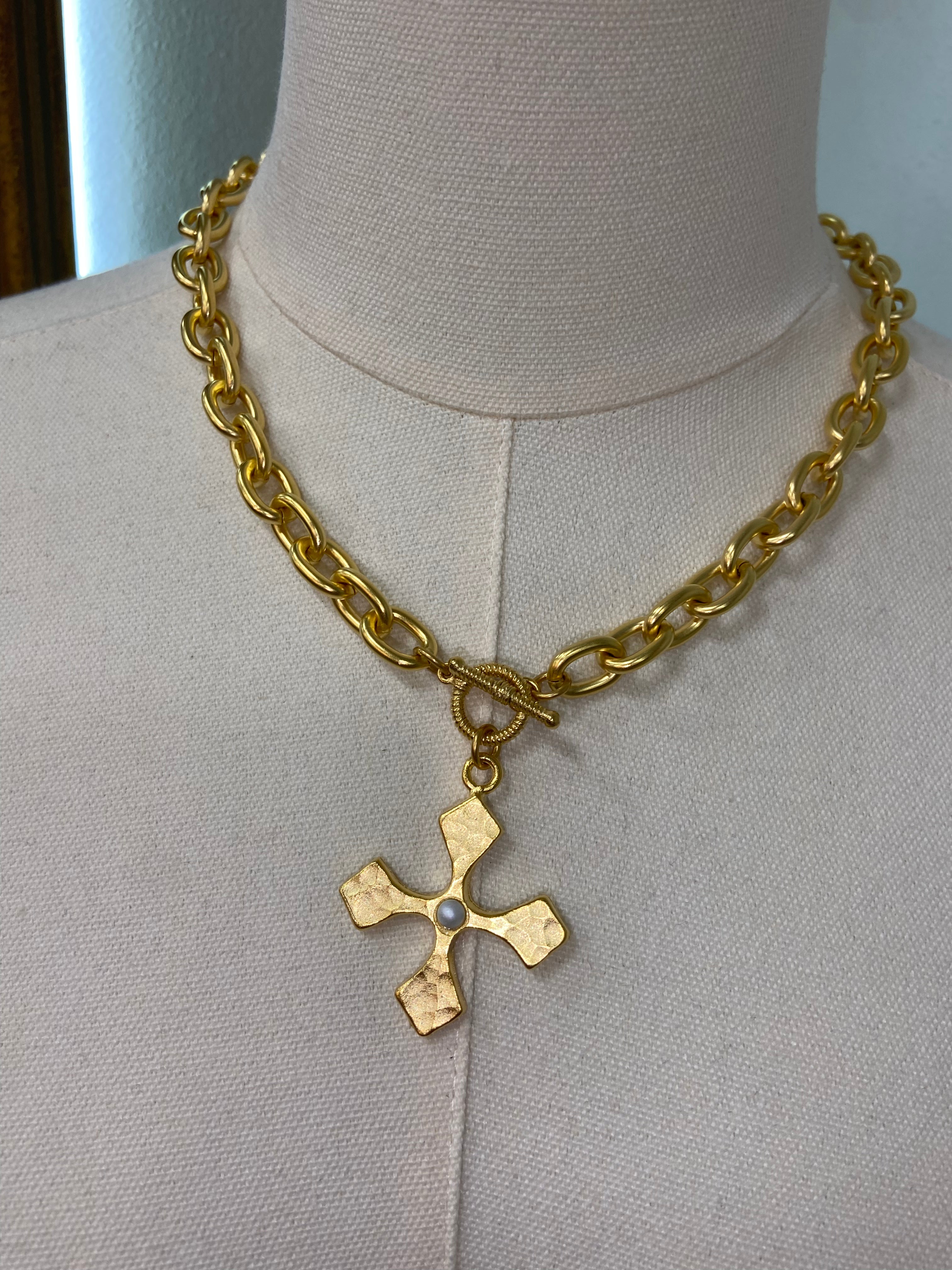 WD Large Cross Pearl Accent Necklace