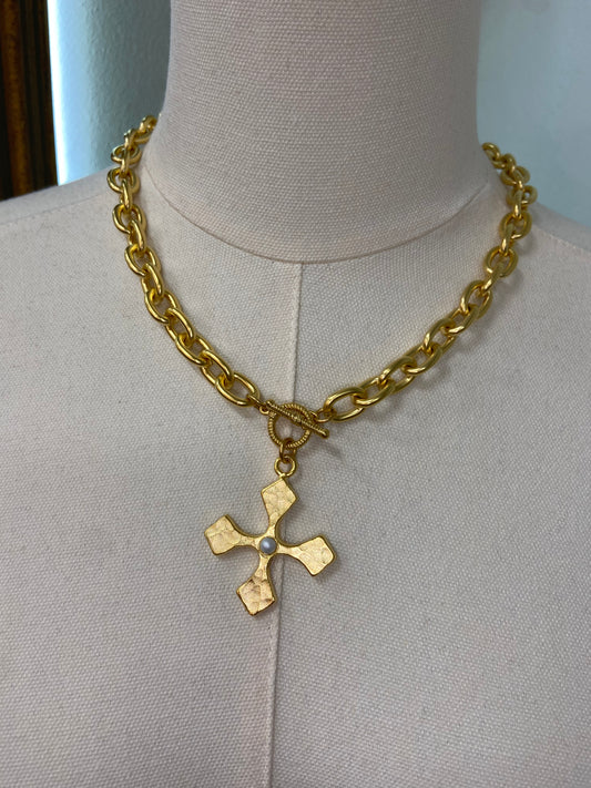 WD Large Cross Pearl Accent Necklace