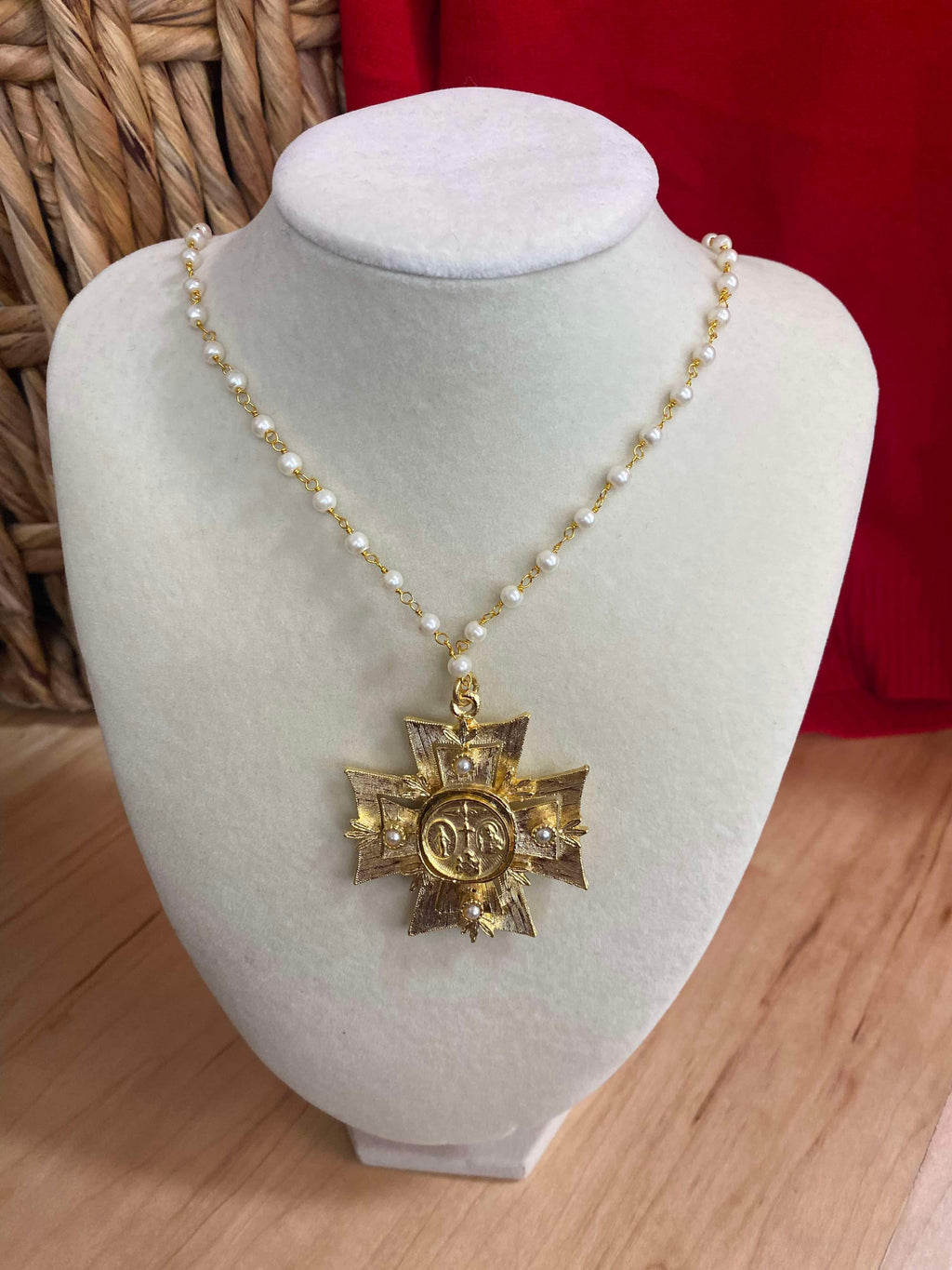 WD 18K Gold Plated  28” Pearl bead Necklace with Maltese Cross