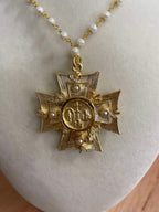 WD 18K Gold Plated  28” Pearl bead Necklace with Maltese Cross