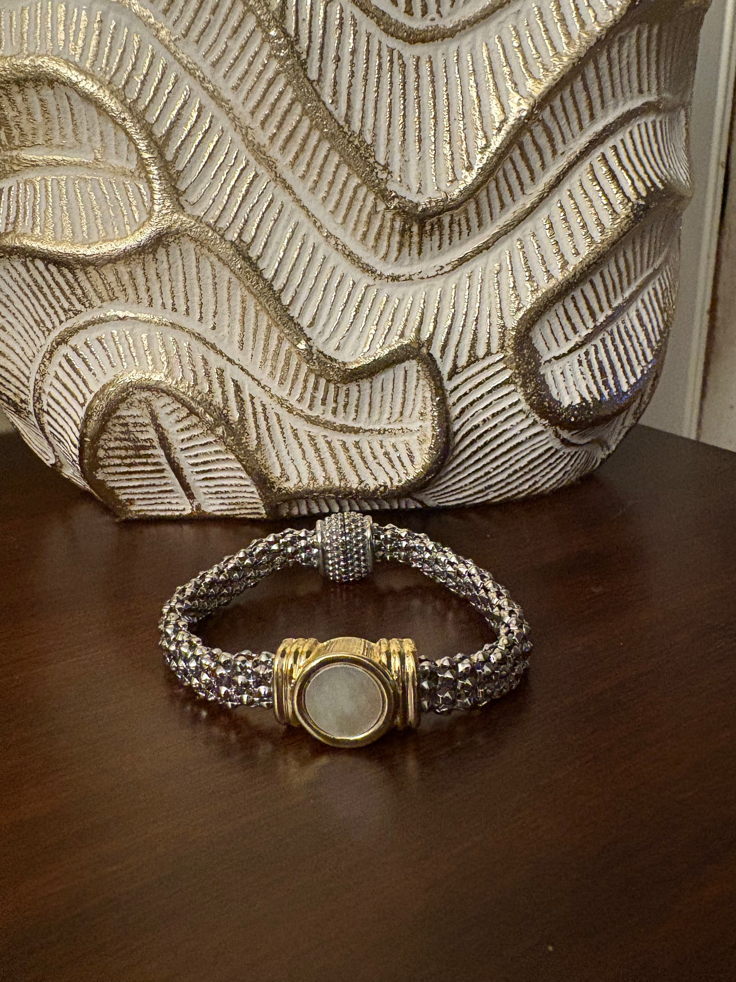 14K/Rhodium Plated Gold/Silver Bracelet w/Round MOP