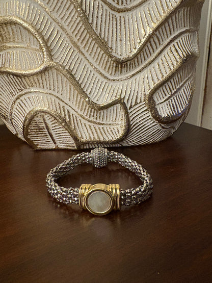 14K/Rhodium Plated Gold/Silver Bracelet w/Round MOP