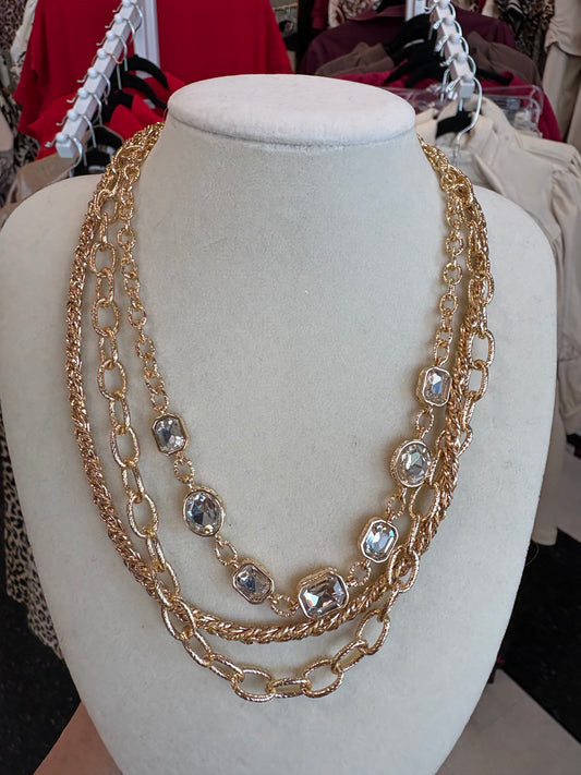 Gold Textured Layered Chain with Clear Crystal Necklace
