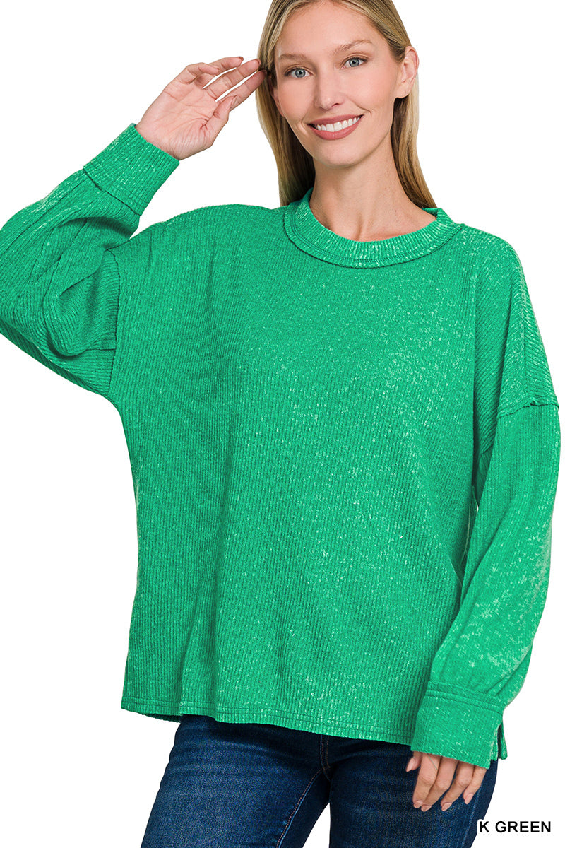 Brushed Ribbed Exposed Seam Drop Shoulder Sweater