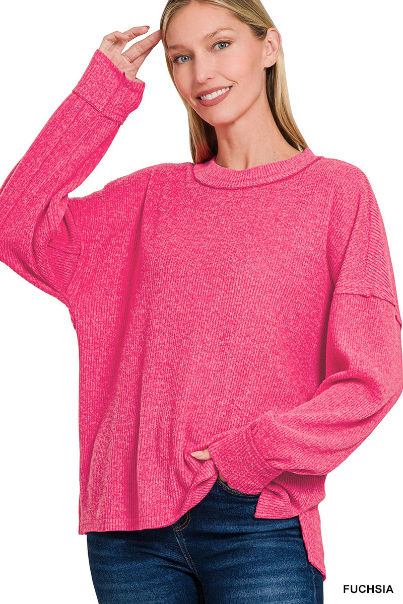 Brushed Ribbed Exposed Seam Drop Shoulder Sweater
