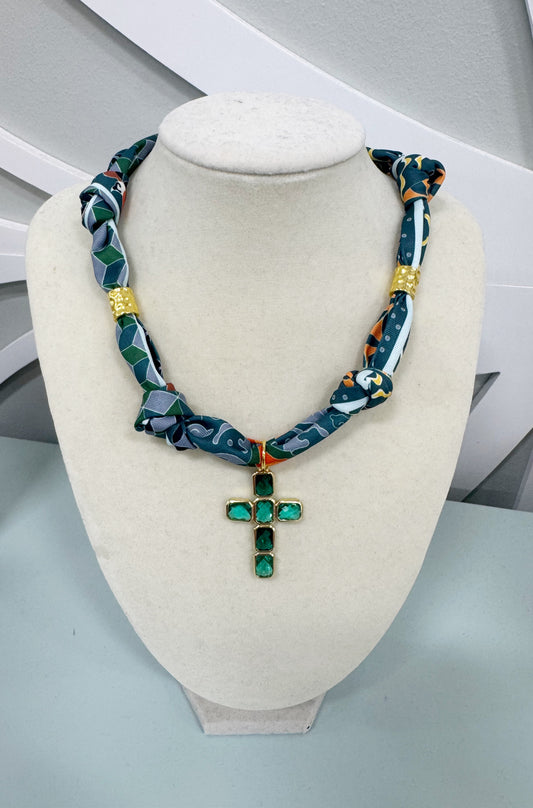 Scarf Necklace - Green Cross