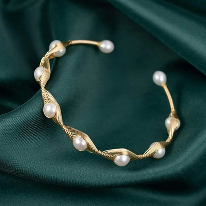 Gold wire wrapped 7 pearl bangle