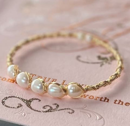 Wire wrapped 5 pearl bangle