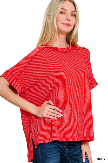 CORDED RIB CUFF SLEEVE RAW EDGE TOP