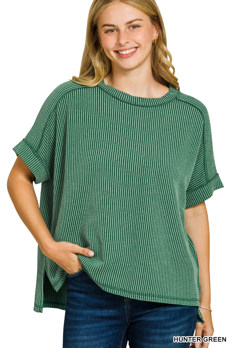 CORDED RIB CUFF SLEEVE RAW EDGE TOP