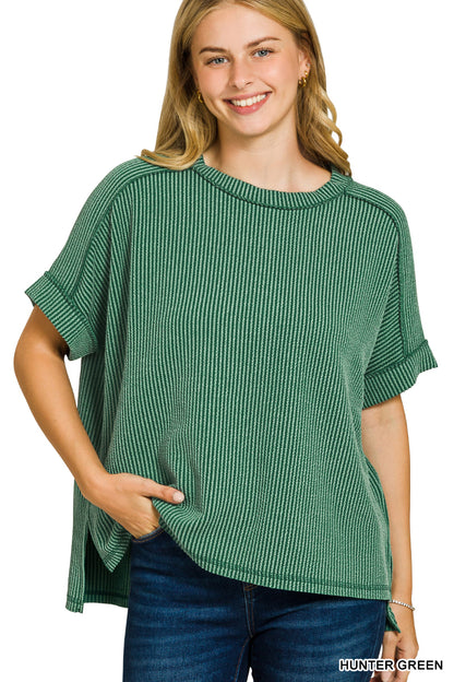 CORDED RIB CUFF SLEEVE RAW EDGE TOP