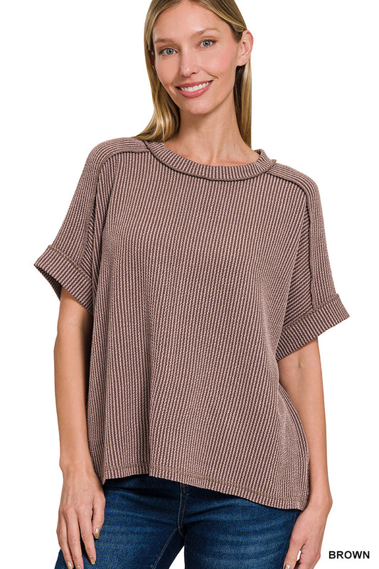 CORDED RIB CUFF SLEEVE RAW EDGE TOP
