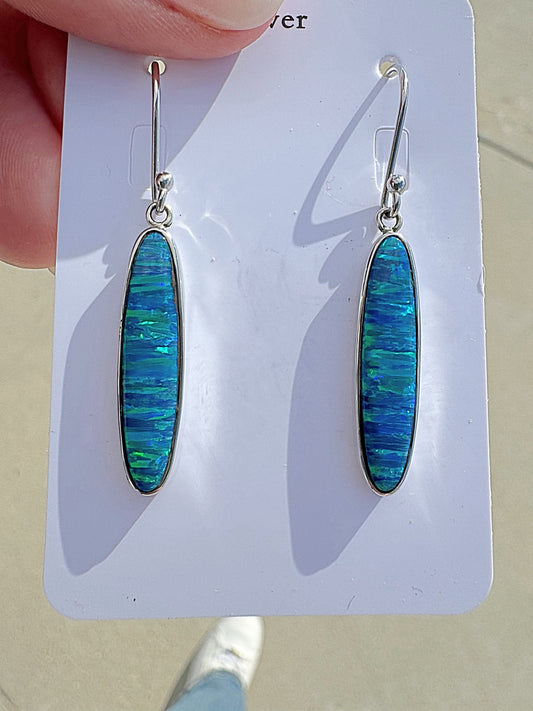 Long oval lab opal earrings
