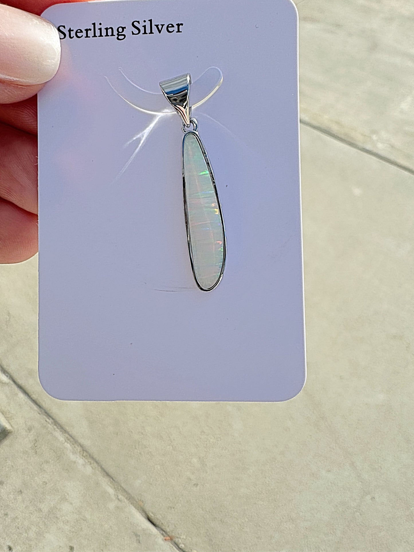 Long oval lab opal pendant necklace