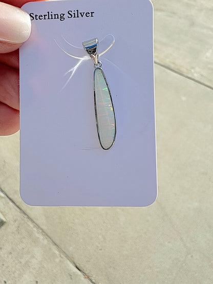 Long oval lab opal pendant necklace