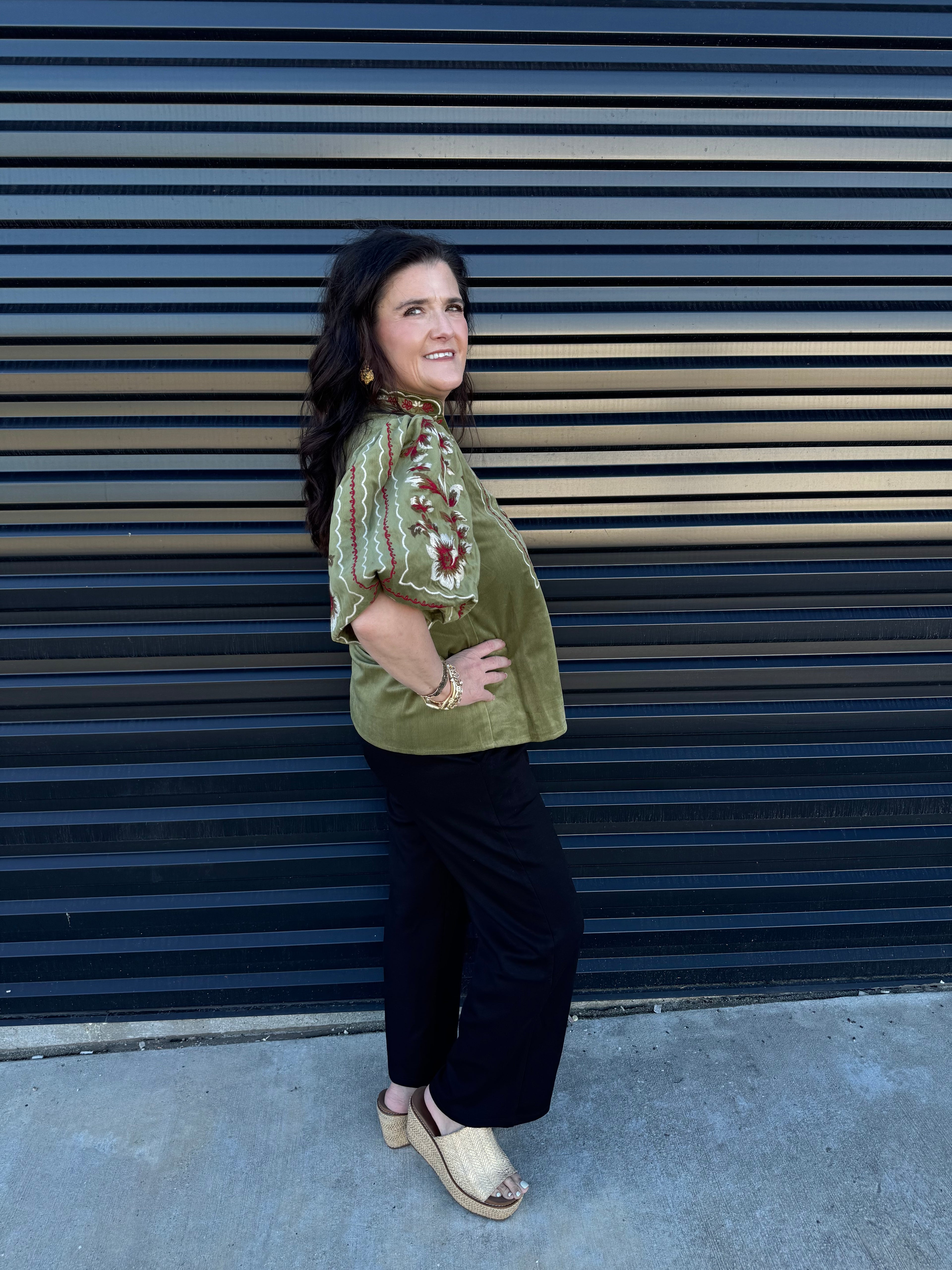 Laurel Floral Embroidered Corduroy Top