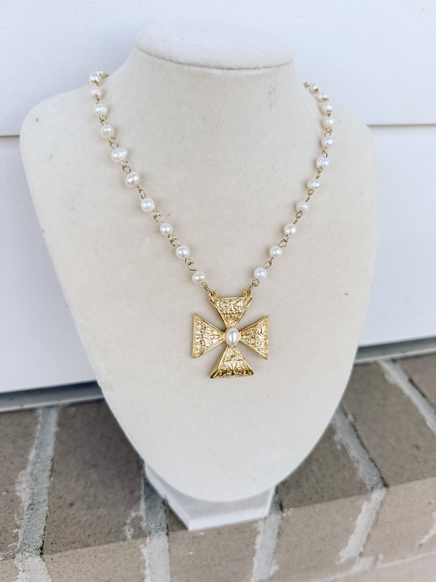WD Maltese Cross with Pearl Accent on 18” Pearl Chain