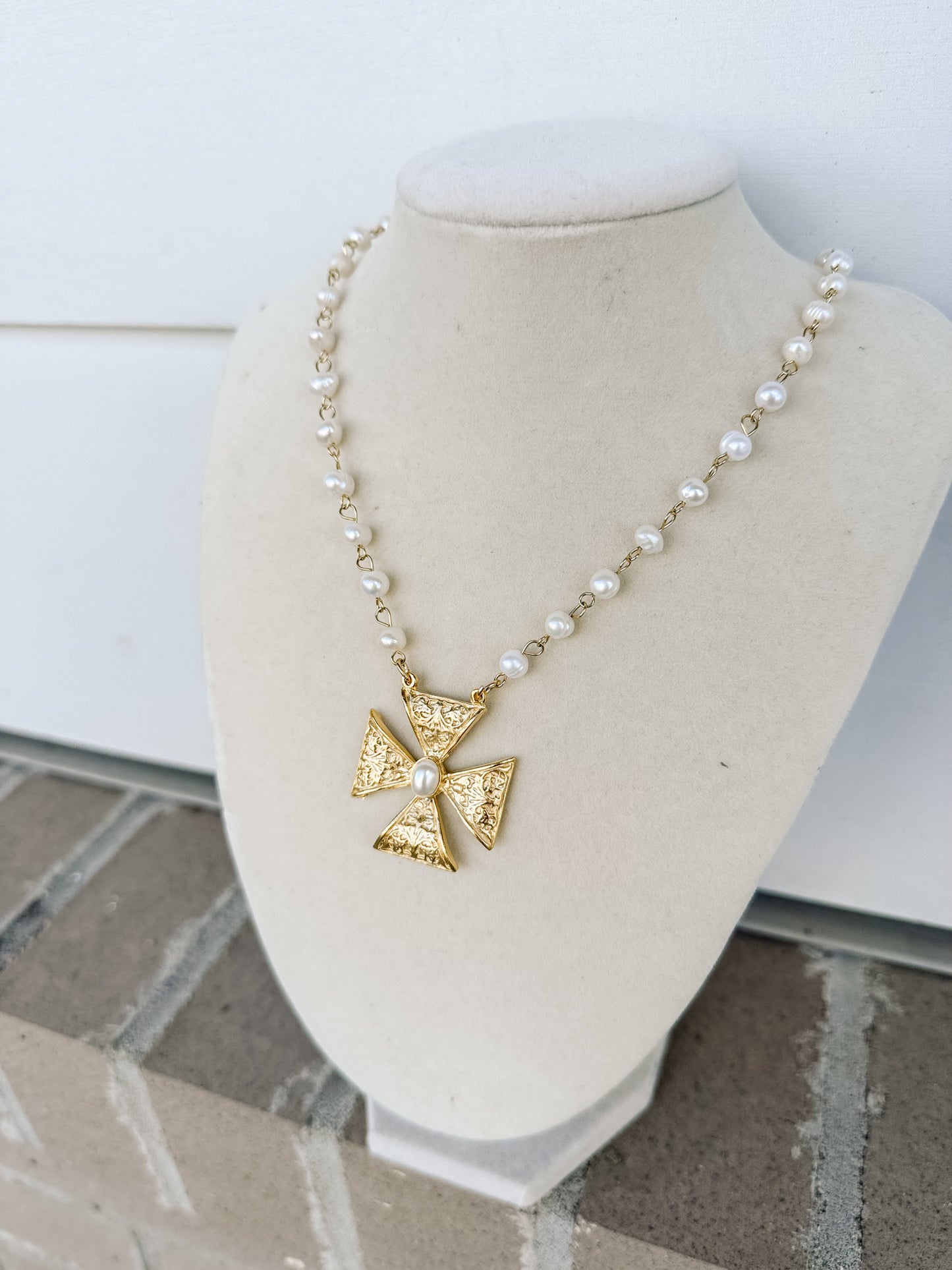 WD Maltese Cross with Pearl Accent on 18” Pearl Chain