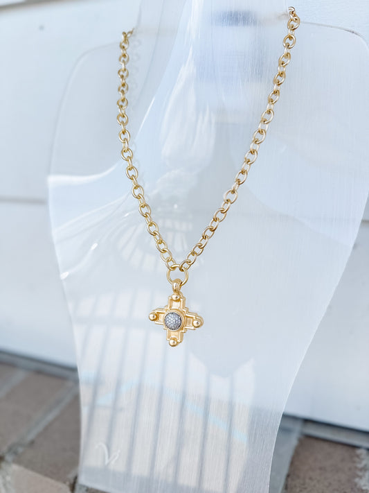 14K Gold Plated Cross with Pave CZs Necklace