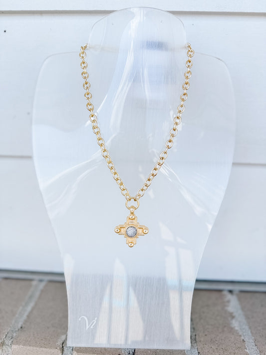 14K Gold Plated Cross with Pave CZs Necklace