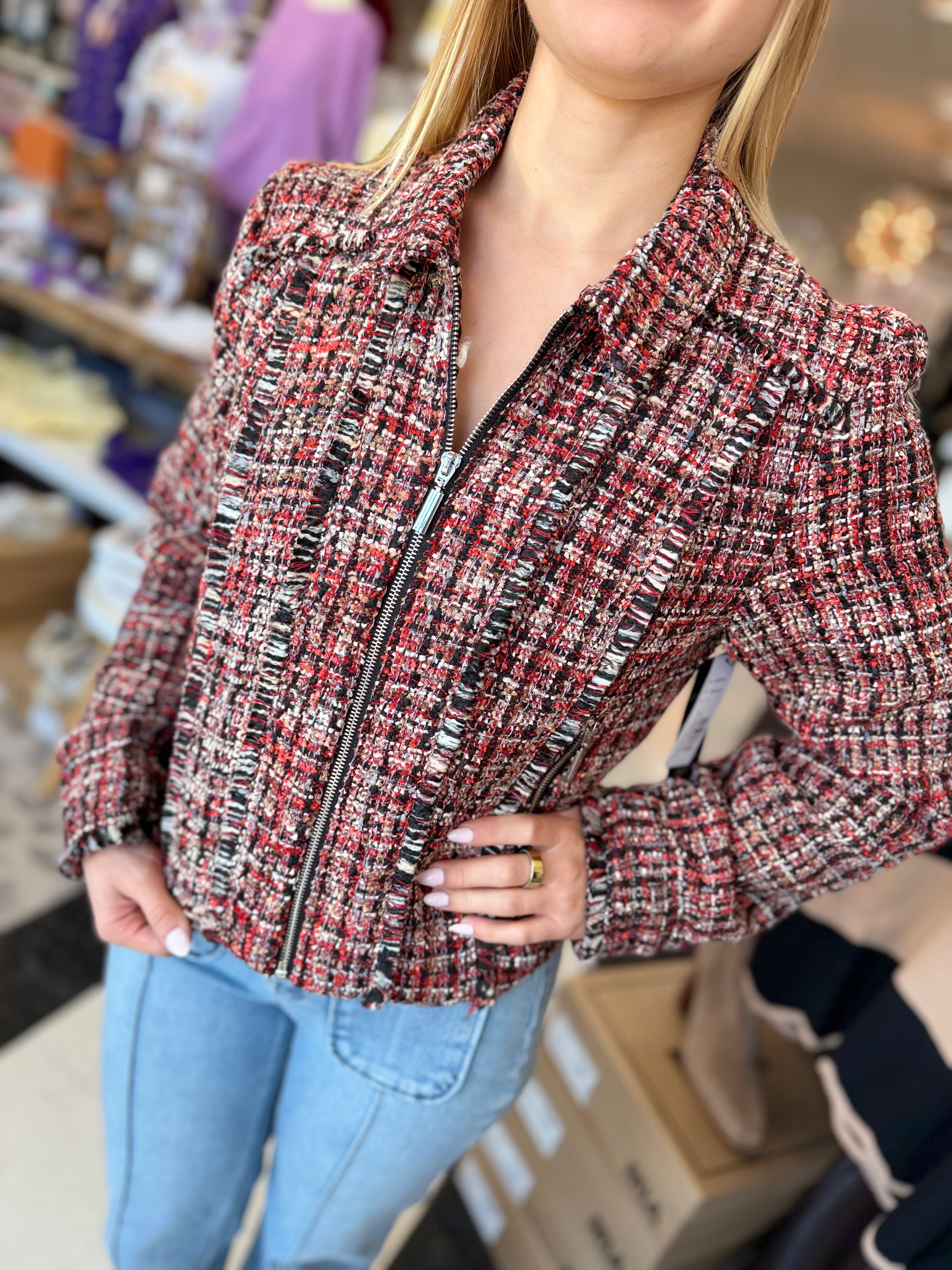 Textured Frayed-Trim Tailored Jacket