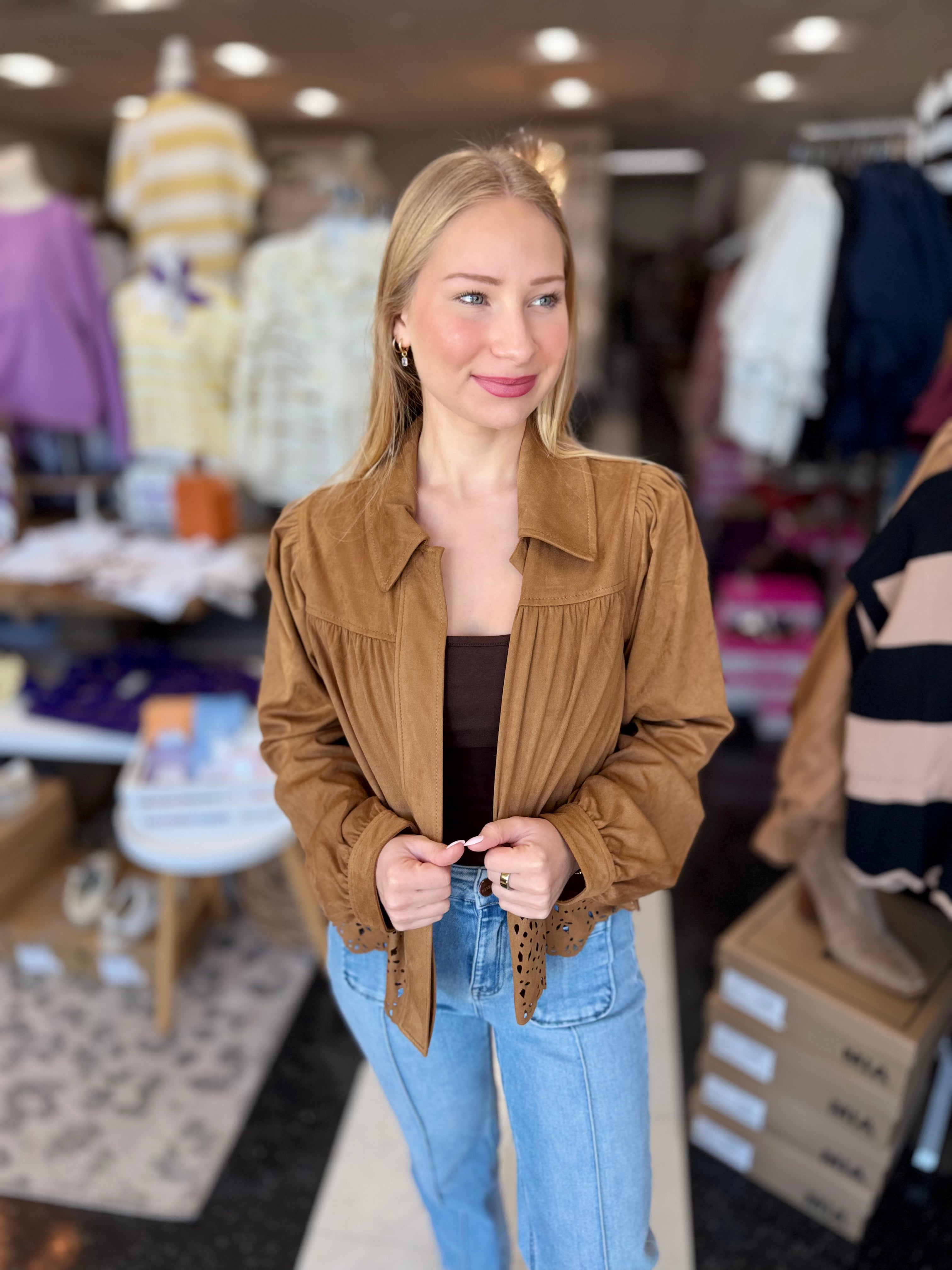 Laser-Cut Sueded Cropped Jacket